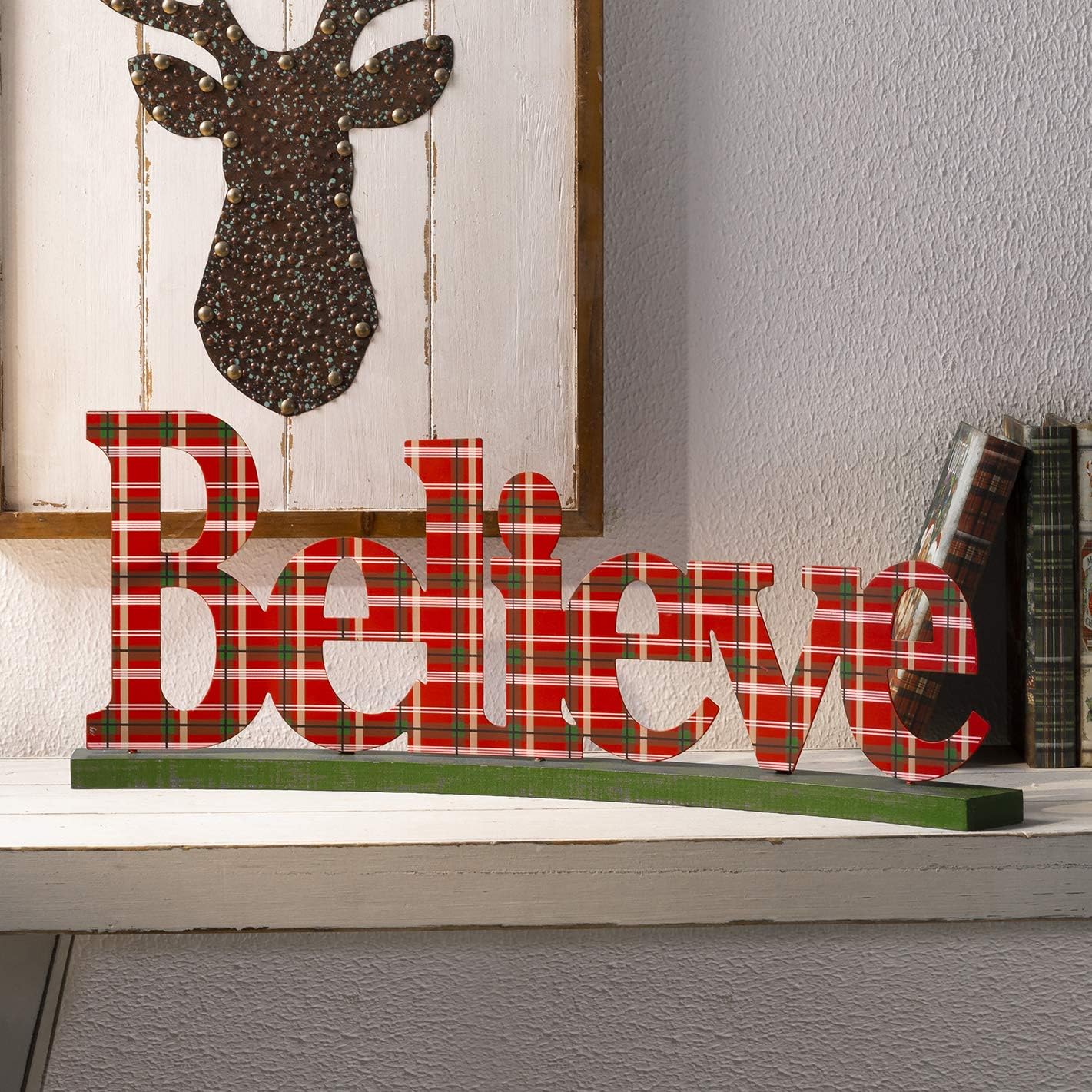 Glitzhome Believe Christmas Centerpiece Decor 23.82 Inches Metal Christmas Tabletop Display Decorative Word Sign Rustic Christmas Decor for Table Fireplace Mantel Perfect Cutout Word Sign