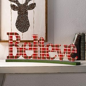 Glitzhome Believe Christmas Centerpiece Decor 23.82 Inches Metal Christmas Tabletop Display Decorative Word Sign Rustic Christmas Decor for Table Fireplace Mantel Perfect Cutout Word Sign