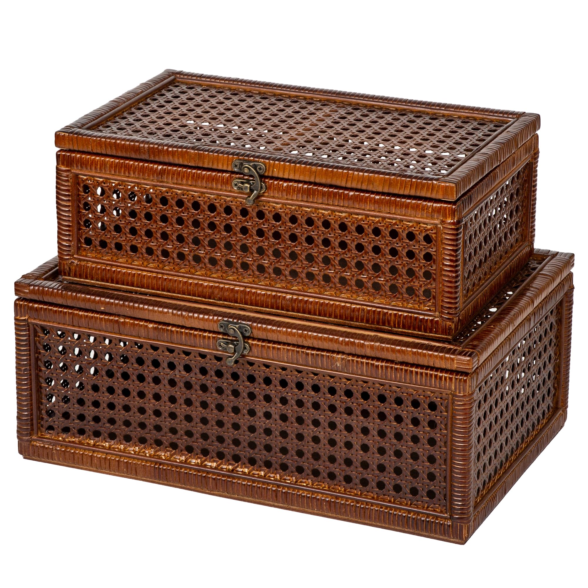 Photo 1 of FORBRADS Rattan Box With Lids,Antique Color Rattan Decorative Box with vintage metal clasps,Size:14.96" x 9.65" x 5.91" (Antique Color)