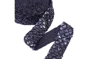 SEWDIYTR Sequin Ribbon Trim No Stretch 1.3 Inch Wide Inelastic Paillette Ribbon Trim Black Metallic Lace Trim for Sewing Crafts 5.5 Yards