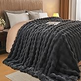 Lotus Karen Queen Size Faux Fur Blanket Dark Gray - Big Bubble Rabbit Fluff Throw for Bed Large Fluffy Fuzzy Cozy Thick Furry Plush Shaggy Blankets 90x90 Inches