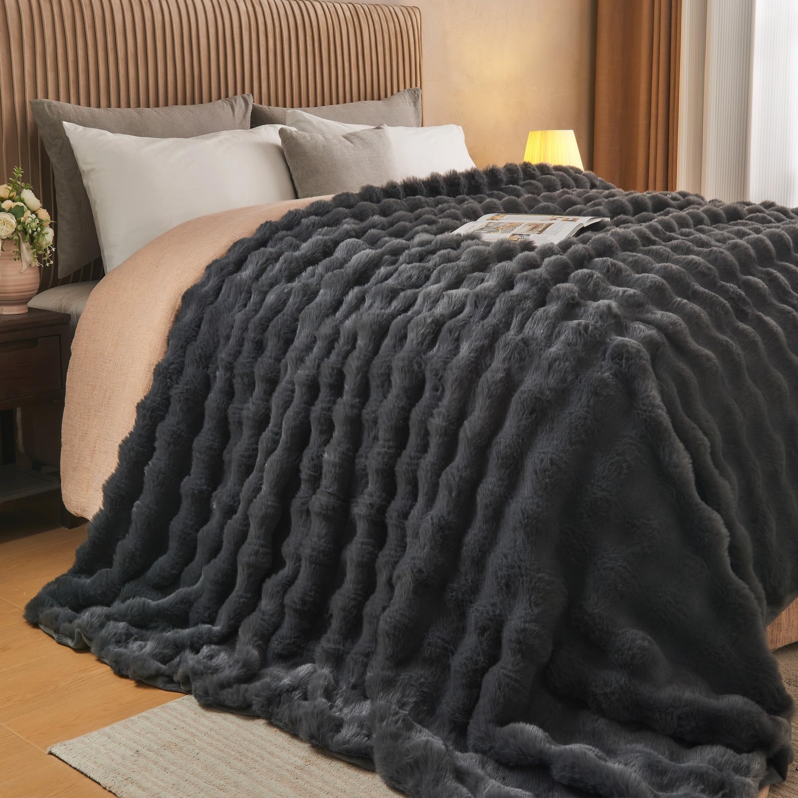 Photo 1 of Lotus Karen Queen Size Faux Fur Blanket Dark Gray - Big Bubble Rabbit Fluff Throw for Bed Large Fluffy Fuzzy Cozy Thick Furry Plush Shaggy Blankets 90x90 Inches