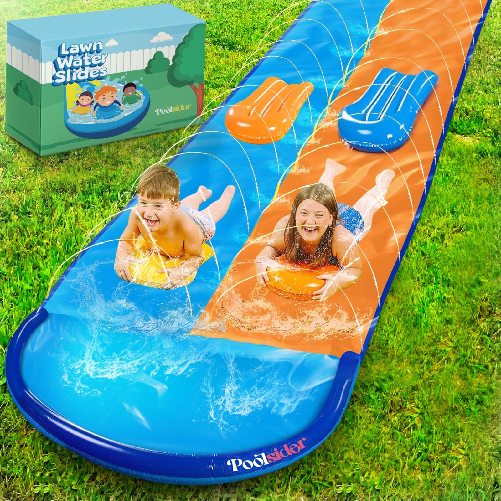 Photo 1 of POOLSIDER Premium Double Slip and Slide Water Slide - 22.5 Ft 2-Lanes Blue & Orange Slip N Slide with 2 Bodyboards | Durable & Advanced Design - Heavy Duty Water Slides for Kids Backyard
