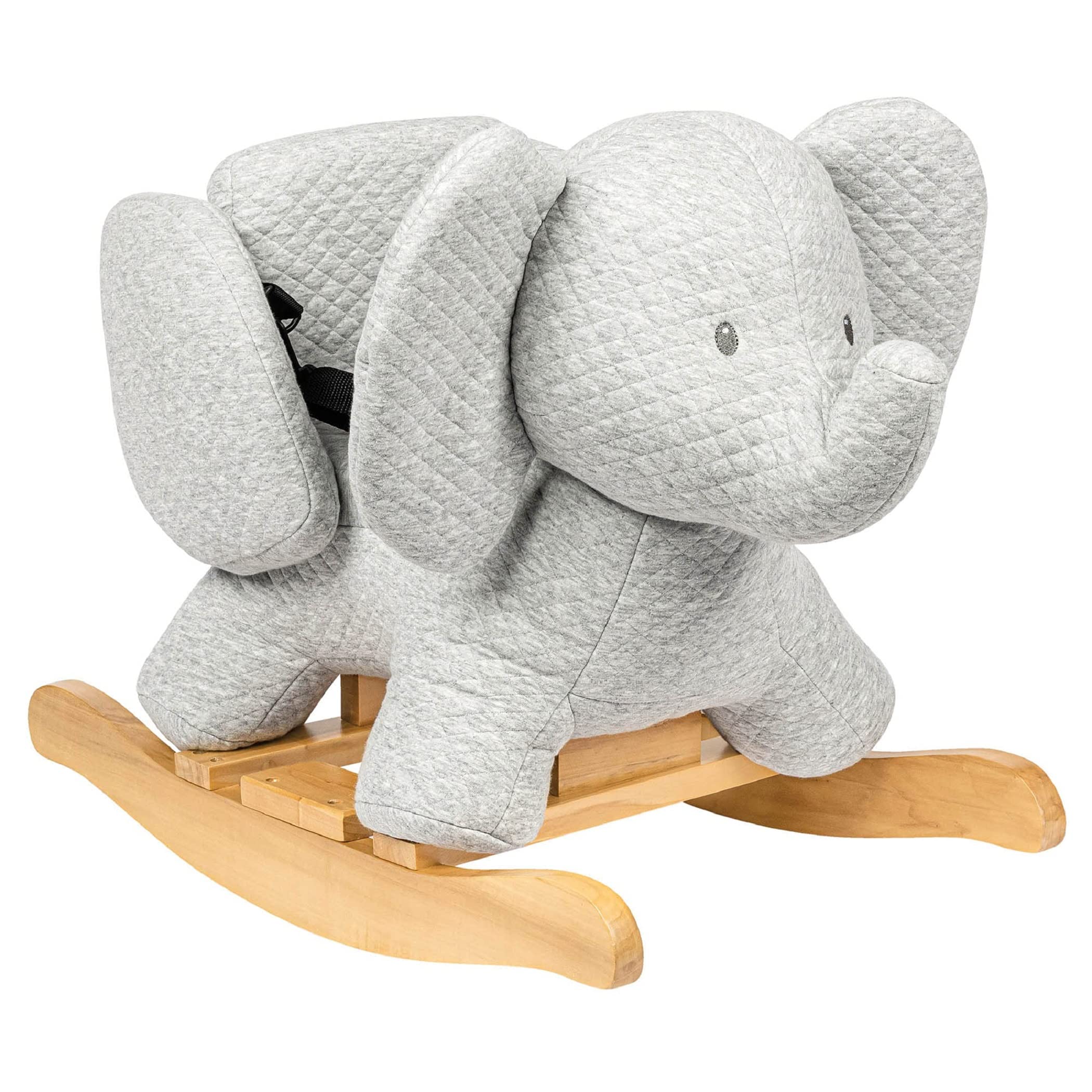 Nattou Wooden Rocker – Elephant Tembo in Grey with padded seat, safety belt, side supports, jacquard fabric, small handles, easy soap-water cleaning, for ages 10–36 months, stylish and safe play