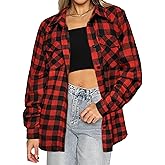 HOTOUCH Women’s Christmas Roll Up Long Sleeve Collared Button Down Plaid Shirt Plus Size