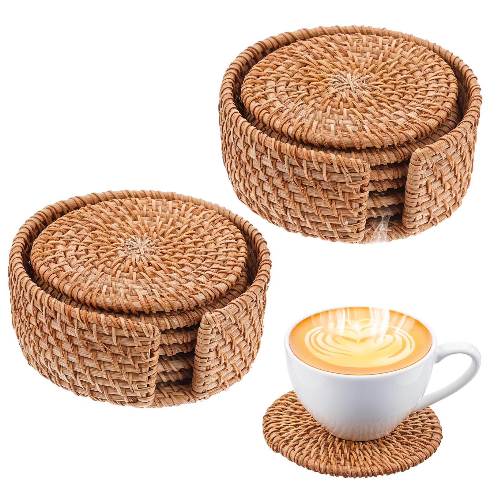 Photo 1 of 12 Pack Handmade Rattan Coasters with Holder, 4 Inch Natural Wicker Boho Drink Coasters Set, Heat Resistant Reusable Table Protectors for Home Decor, Brown