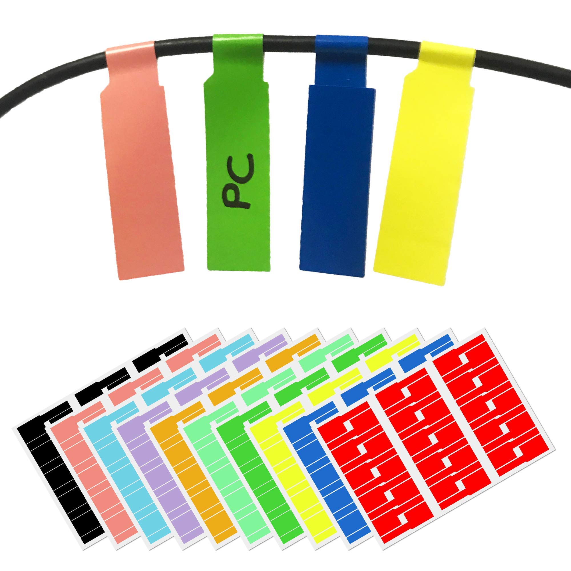 10 Colours, 300-Pack, Cable Labels Sticker Self-Adhesive Sheets (A4 Size), use with Laser Printers, Waterproof and Tear-Resistant