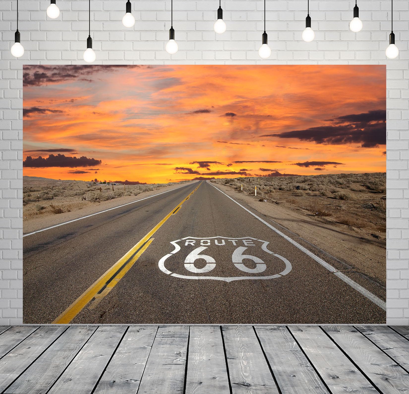 Photo 1 of CORFOTO Fabric 8x6ft Route 66 Backdrop National Scenic Desert Byway Road Backdrop for Road Trip Party Backdrop Travel Theme Birthday Banner Men Kids Photoshoot Artistic Portrait Props