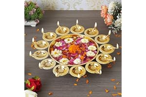 Kalakriti Metal (14 inch) Diya Shape Flower Decorative Urli Bowl for Home Floating Flowers and Tea Light Candles Home Table Decor| Diwali Decoration Items, Golden