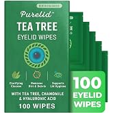 PURELID 100PCs Tea Tree Eyelid Wipes &ndash; Cleaning Eye Wipes for People with Dry Eyes &amp; Allergies &ndash; Gentle Eyelid Cleanser with Hyaluronic Acid, Chamomile and Aloe &ndash; Individually Wrapped &amp; Biodegradable