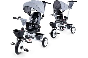 JMMD 7 in 1 Tricycle Stroller with Push Handle, Baby Trike with 360° Swivel Seat, Reclining Backrest, All-Terrain Wheels, Dual Brakes, Canopy & Storage, Gift for Kids 18 Months to 5 Years, Gray