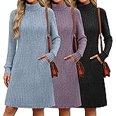 Velvelhall 3 Pack Women's Long Sleeve Sweater Dresses, Ribbed Knit Turtle Neck Casual Tunic Dresses with Pockets Fall Outfits