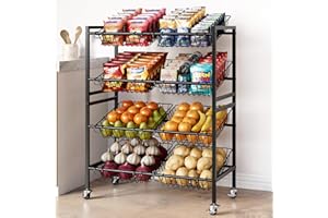 Evermagin 25.2''W Snack Cart, 4 Tier Kitchen Cart, Fruit Basket Stand, Vegetable Food Storage with 8 Stackable Wire Baskets for Onion Potato, Black