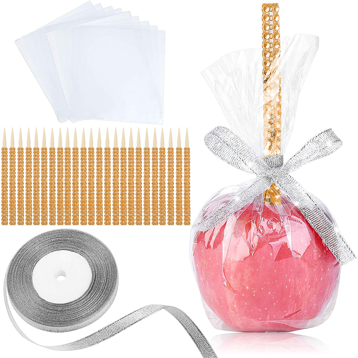 Photo 1 of 24 Pack Bling Candy Apple Sticks and Bags Kits, Caramel Apple Wooden Skewers, Bamboo Decorative Sticks for Rice Krispie Treat Cookie Cake Pop Corn Dogs with Glass Wrapper Glitter Ribbons Tie Christmas