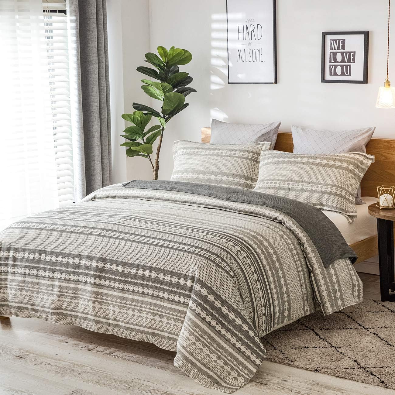 PHF Cotton Boho Textured Duvet Cover Set - Geometric Pattern Bedding Yarn Dyed Jacquard Stripe - Soft and Cozy, Suitable for All Season - 3 Pieces, King (106” x 92”), Grey: Home & Kitchen