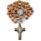 Mondo Cattolico Rosary Beads Prayer, Olive Wood Rosary with Enamel Centerpiece Medal of St. Benedict - Perfect Catholic gifts Religious