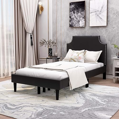 Upholstered Button Tufted Platform Bed with Headboard Strong Wood Slat Support Mattress Foundation Easy Assembly Black Twin