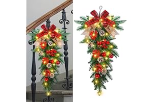 Zeyune 25.6" Pre Lit Christmas Teardrop Swag, Holiday Red Plaid Bow Swag with Lights, Pine Cones, Berries, Artificial Cedar Branches, Christmas Teardrop Stair Wreath for Indoor Outdoor Wall Mantel