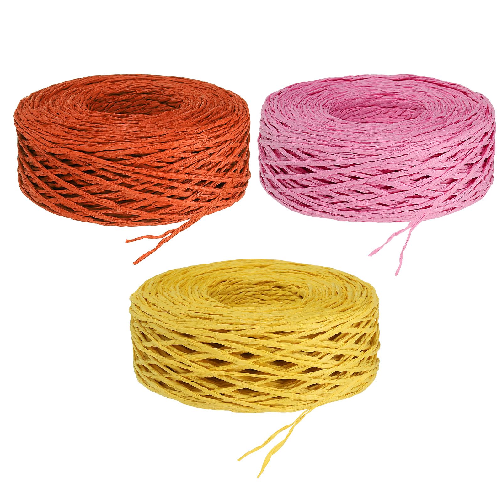 PATIKIL 984 Feet Raffia Ribbon, 3 Rolls Raffia Yarn Paper Rope Twine String for Crochet Bags Craft Festival Gifts Bouquets Wrapping, Orange, Pink, Yellow
