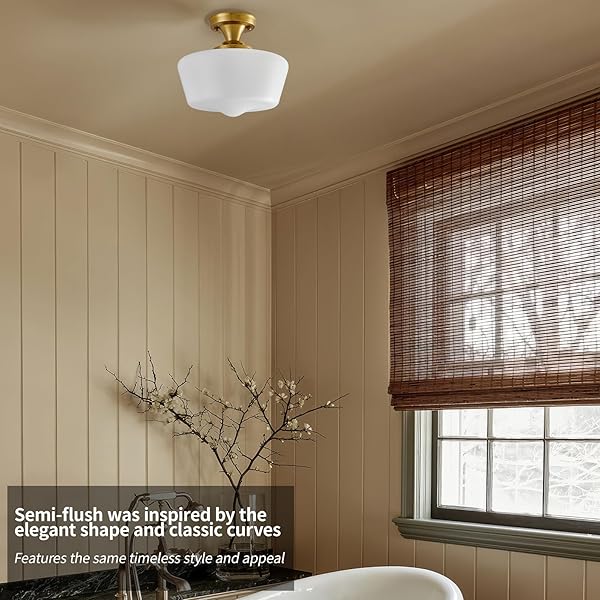 YOUNGRENDER SCHOOLHOUSE LIGHT FIXTURE MODERN GOLD CEILING LIGHT,SEMI FLUSH MOUNT CEILING LIGHT,12”WIDE OPAL MILK GLASS SHADE,BRASS VINTAGE LIGHT FOR FARMHOUSE BEDROOM KITCHEN HALLWAY ENTRYWAY