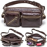Top Grain Genuine Leather Slim Fanny Pack for Man & Woman, Vintage Design & 5 Zipper Pockets & Adjustable Strap, Handmade, Large Capacity Waist Pack Crossbody Belt Bag for Travel or Ride, Dark Coffee