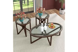 Fulocseny Wooden Glass Coffee Table End Table Sets of 3 Modern Oval Living Room Table Set Tempered Glass Top Side Table, Cherry Brown