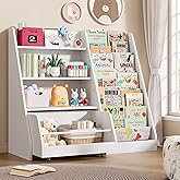 IRONCK Kids Bookshelf and Toy Storage, 42" Wide Large Toddler Bookshelf with Movable Drawer and 5 Sling Pockets, Montessori Book Shelf for Kids Rooms-White