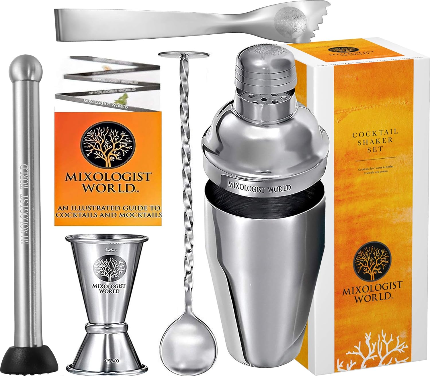 Premium Cocktail Shaker Bartender Kit -24 Ounces Bar Set Built-in Strainer With Muddler, Mixing Spoon, Measuring Jigger and Ice Tong Plus Cocktail Recipes - Bar Tools for Martini Drink Mixer Barware