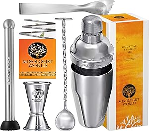Premium Cocktail Shaker Bartender Kit -24 Ounces Bar Set Built-in Strainer With Muddler, Mixing Spoon, Measuring Jigger and Ice Tong Plus Cocktail Recipes - Bar Tools for Martini Drink Mixer Barware