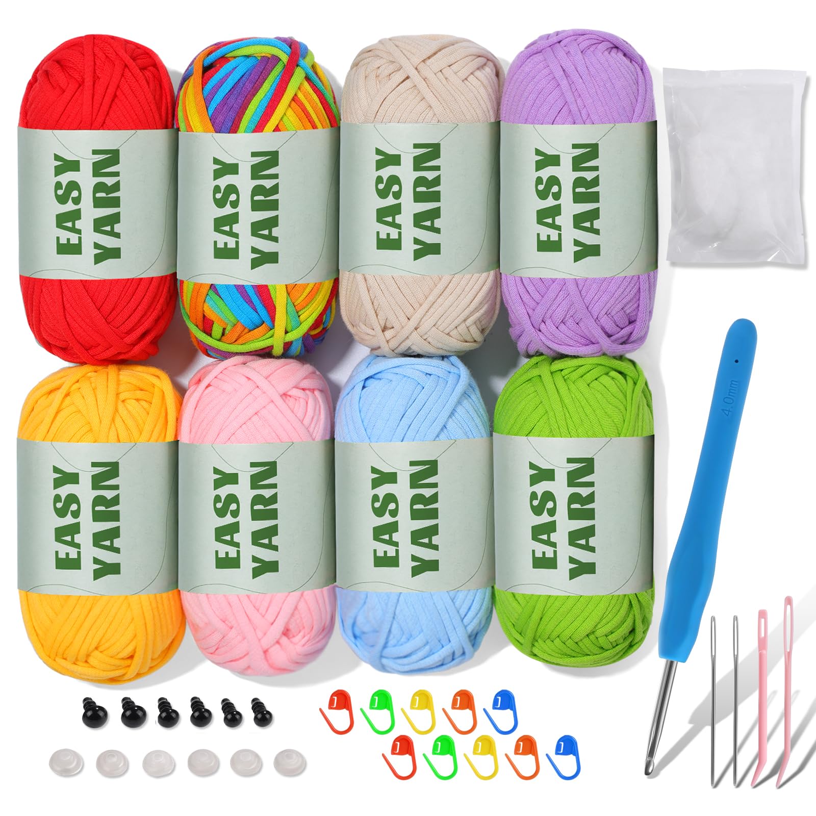 8x50g Yarn for Crochet, Crochet Cotton Yarn Chunky Yarns for Crochets with 4mm Hook Easy-to-See Stitches, Stitch Markers, Easy Crochet Starter Kit for Beginners