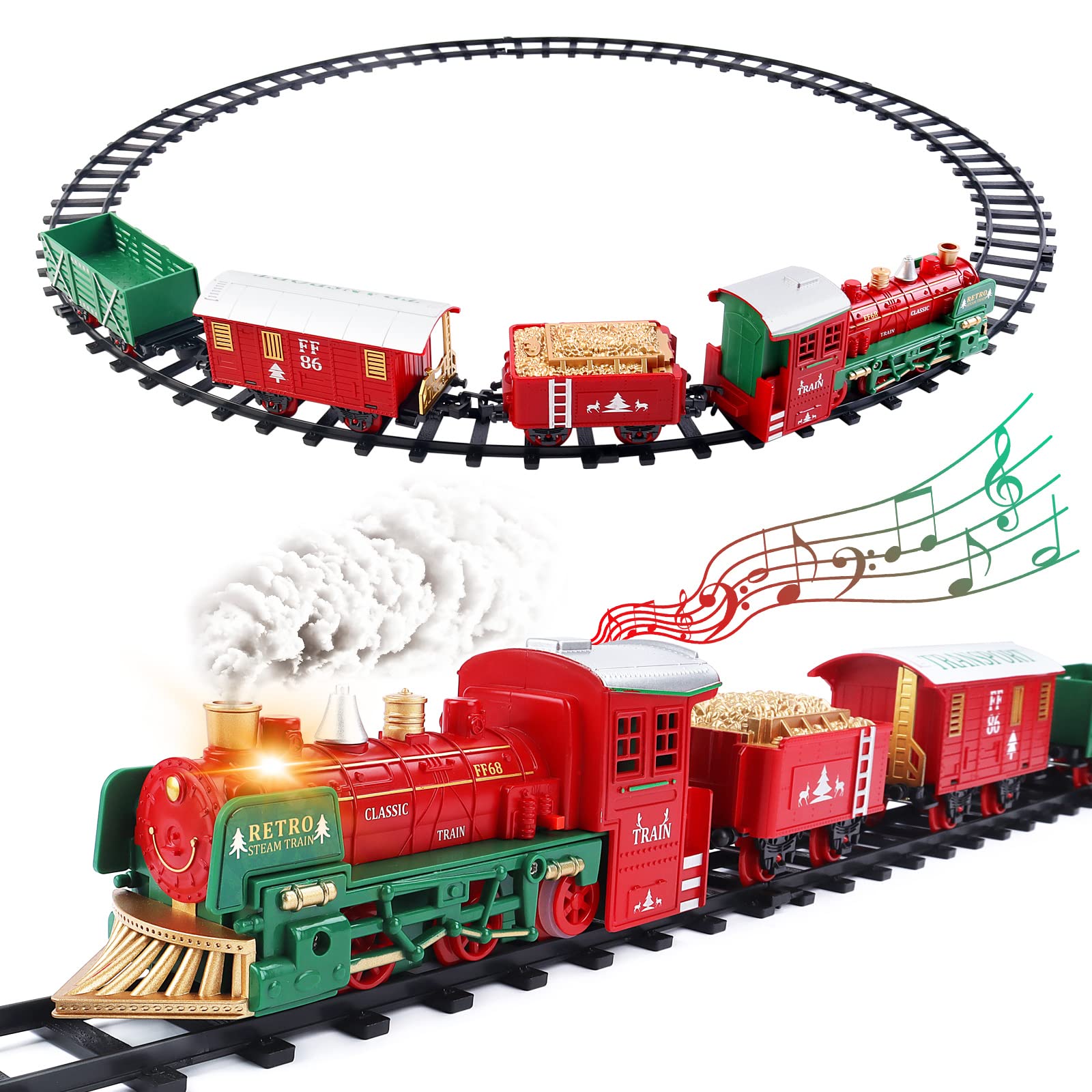 deAO Christmas Train Set with Realistic Light & Sounds Functions, Electric Smoke Train Set, Classic Railway Toy Under the Tree, Battery Operated Locomotive, Christmas Home Decoration, Gift for Kids