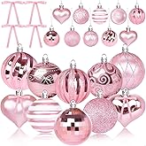 20 Pcs Christmas Ball Ornaments Pink Christmas Ornaments Glittering Plastic Hanging Decorations with 10Pcs Pink Bows Christmas Tree Decorations