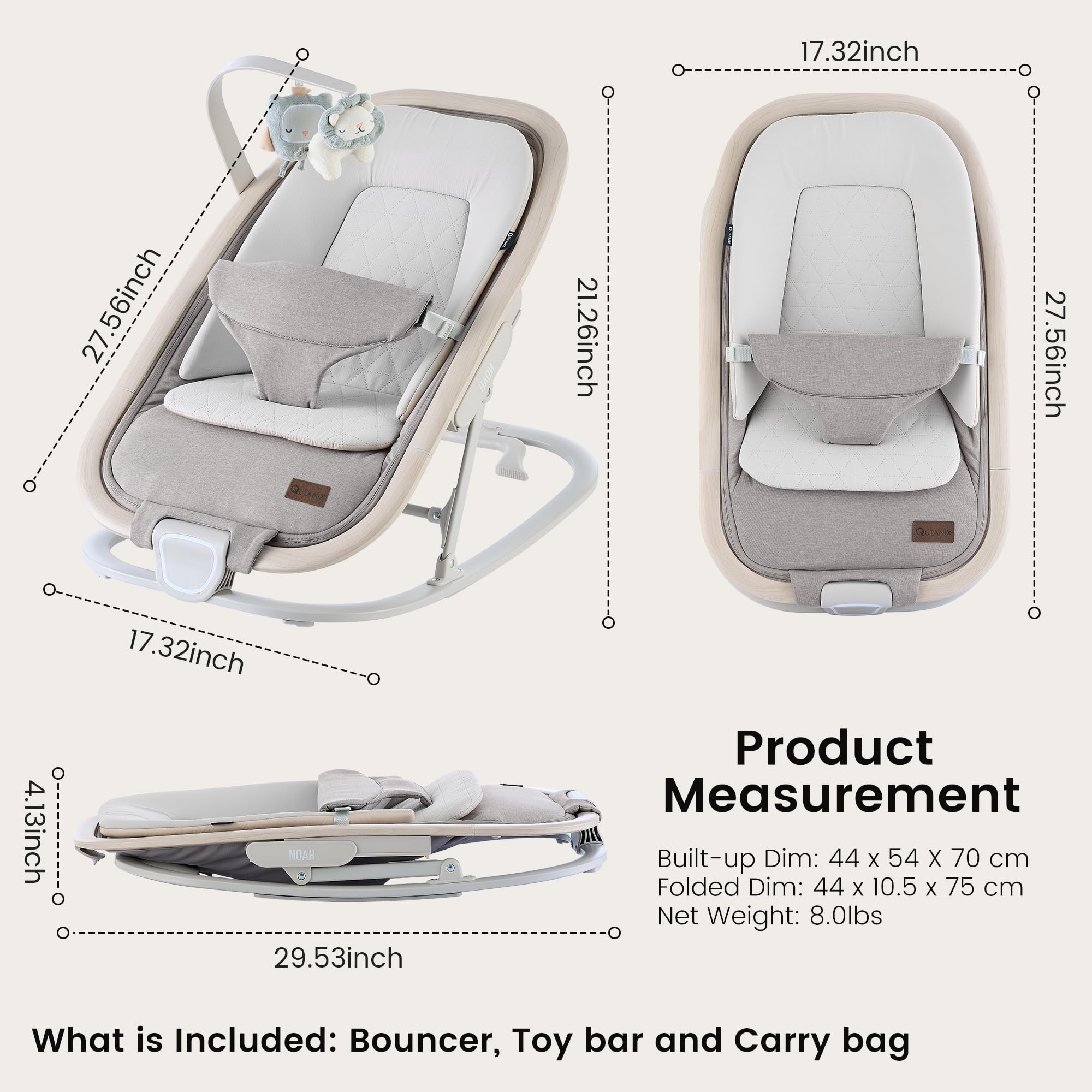2-in-1 Baby Bouncer & Rocker,Portable Baby Bouncer Seat for Babies 0-9 Months, Baby Rocking Chair with 3 Reclining Positions,Wood Accents,Soft Newborn Insert - Beige