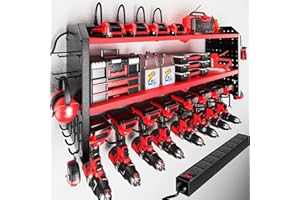 KAFAHOM Power Tool Organizer with Charging Station, Built in 8 Outlet Power Strip, Large 8 Drill Holder Wall Mount, Heavy Duty Metal Power Tool Storage Rack Tool Shelf for Garage Organization Red