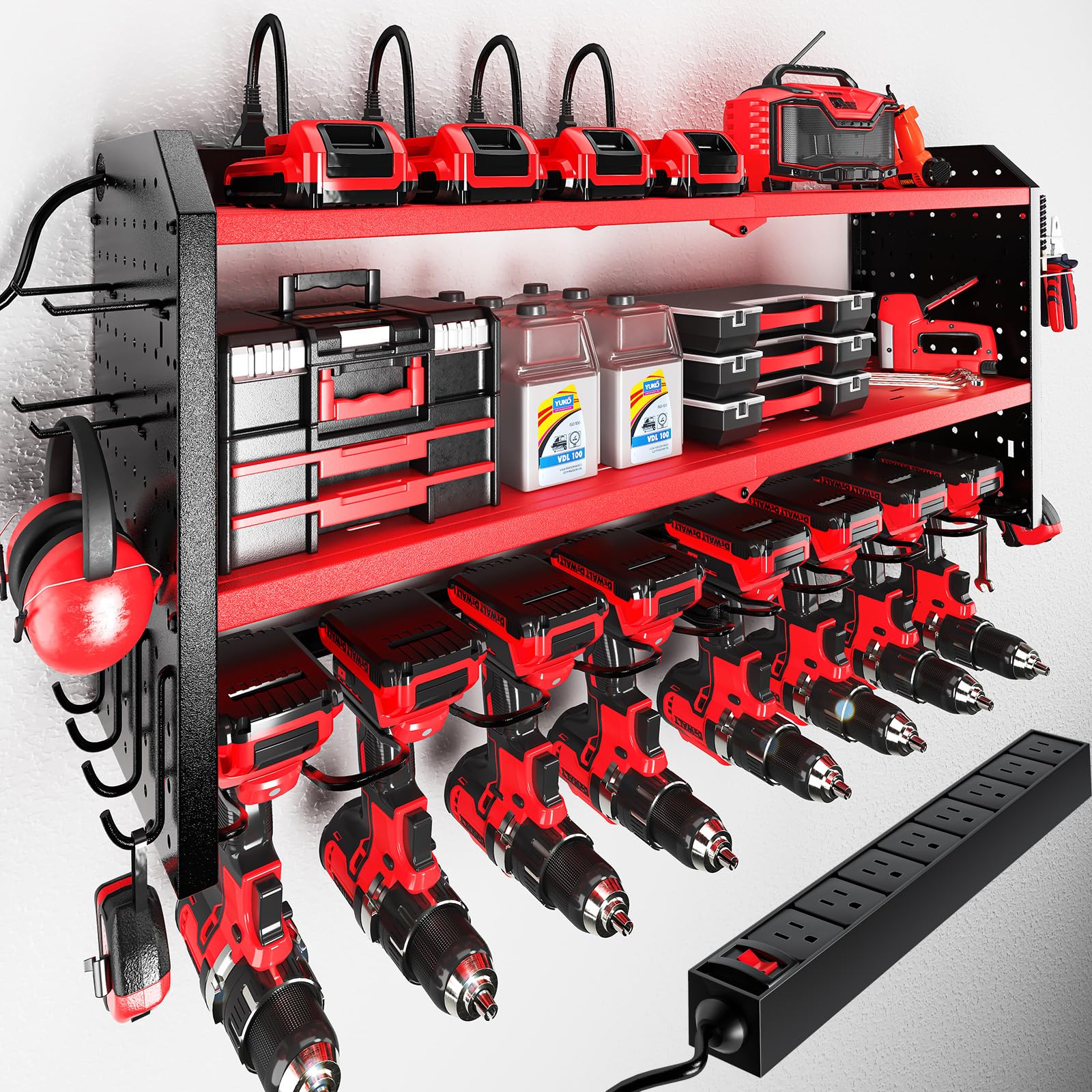 Photo 1 of KAFAHOM Power Tool Organizer with Charging Station, Built in 8 Outlet Power Strip, Large 8 Drill Holder Wall Mount, Heavy Duty Metal Power Tool Storage Rack Tool Shelf for Garage Organization Red
