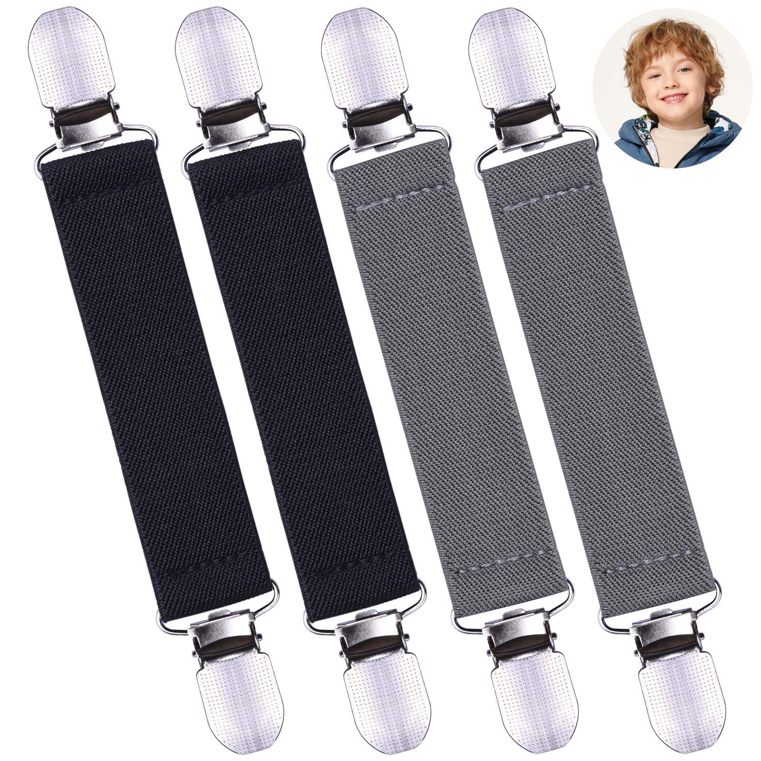 wisdompro 4 Pack Glove Clips, Mitten Clips with Elastic Straps for Kids, Toddle and Adults, Clothes Waist Cinch Clips, Sweater Cardigan Clips - Grey, Black