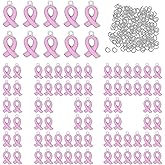 ASUNFO 100Pcs Breast Cancer Awareness Charms Ribbon Charm Hope Pendants with 100Pcs Jump Ring for Jewelry Making Bracelets Necklaces Earring Women DIY Crafts