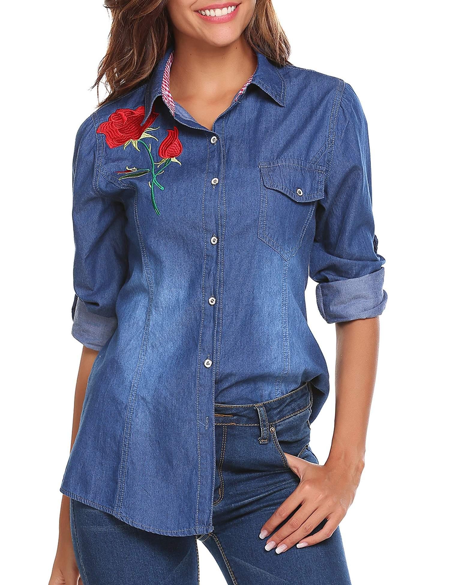 SoTeer Women's Basic & Classic Casual Slim Button Down Denim Chambray ...