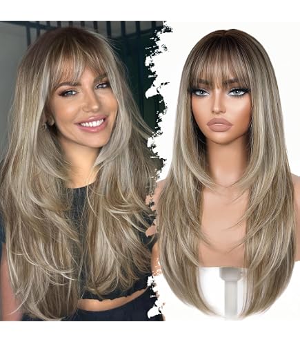 Long Human Hair Wig with Bangs, 4x4 Lace Scalp, Free Parting, Layered Style Layered Cut with Bangs 4x4 Transparent Lace Closure Wig  main image 4