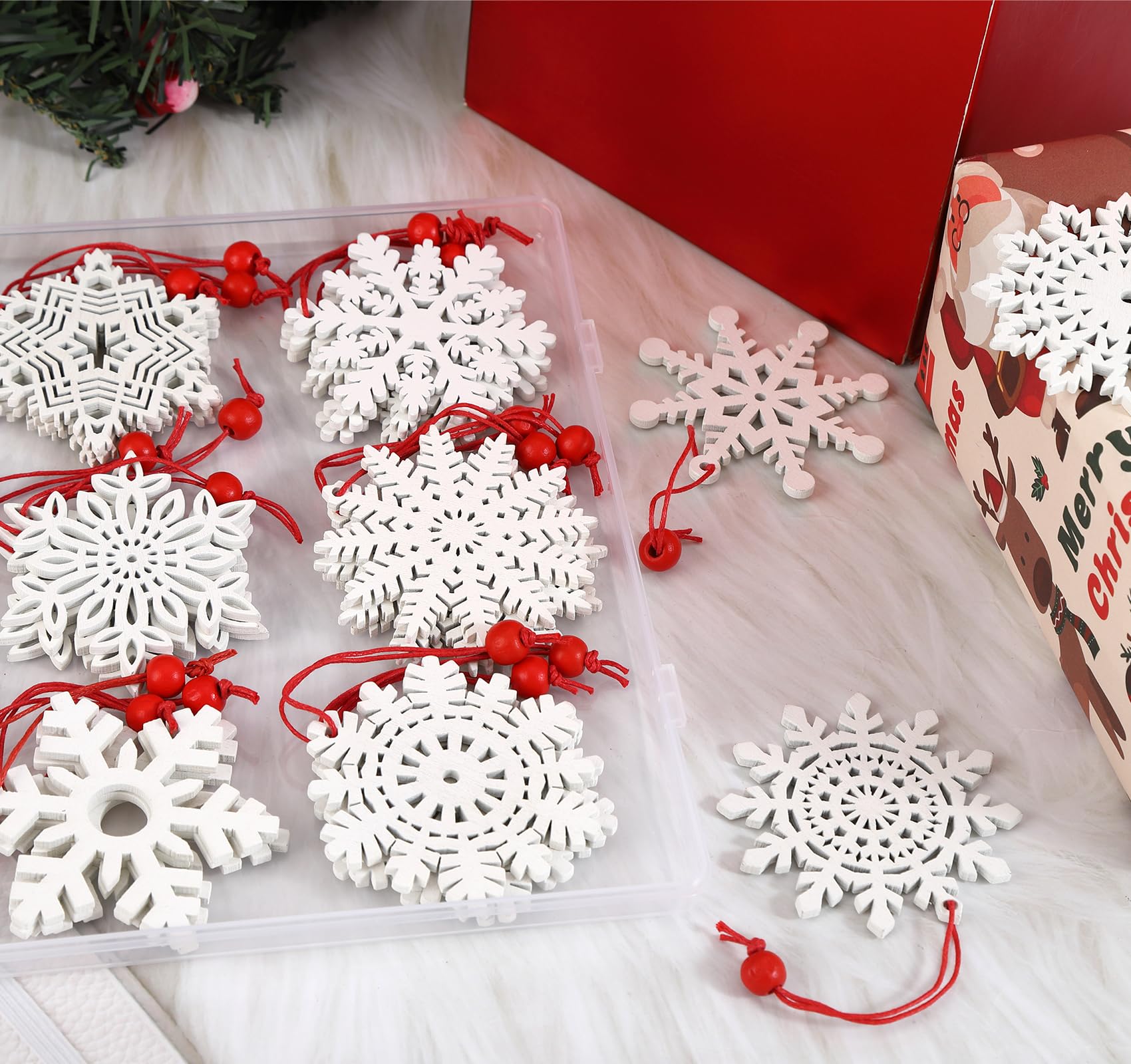 Anstore 27pcs Christmas Wooden Ornaments Snowflakes,7cm Christmas Tree Decoration Wood Snowflakes with Red Hanging Strings, 9 Designs of White Natural Ornament Wooden for DIY Crafts Decoration