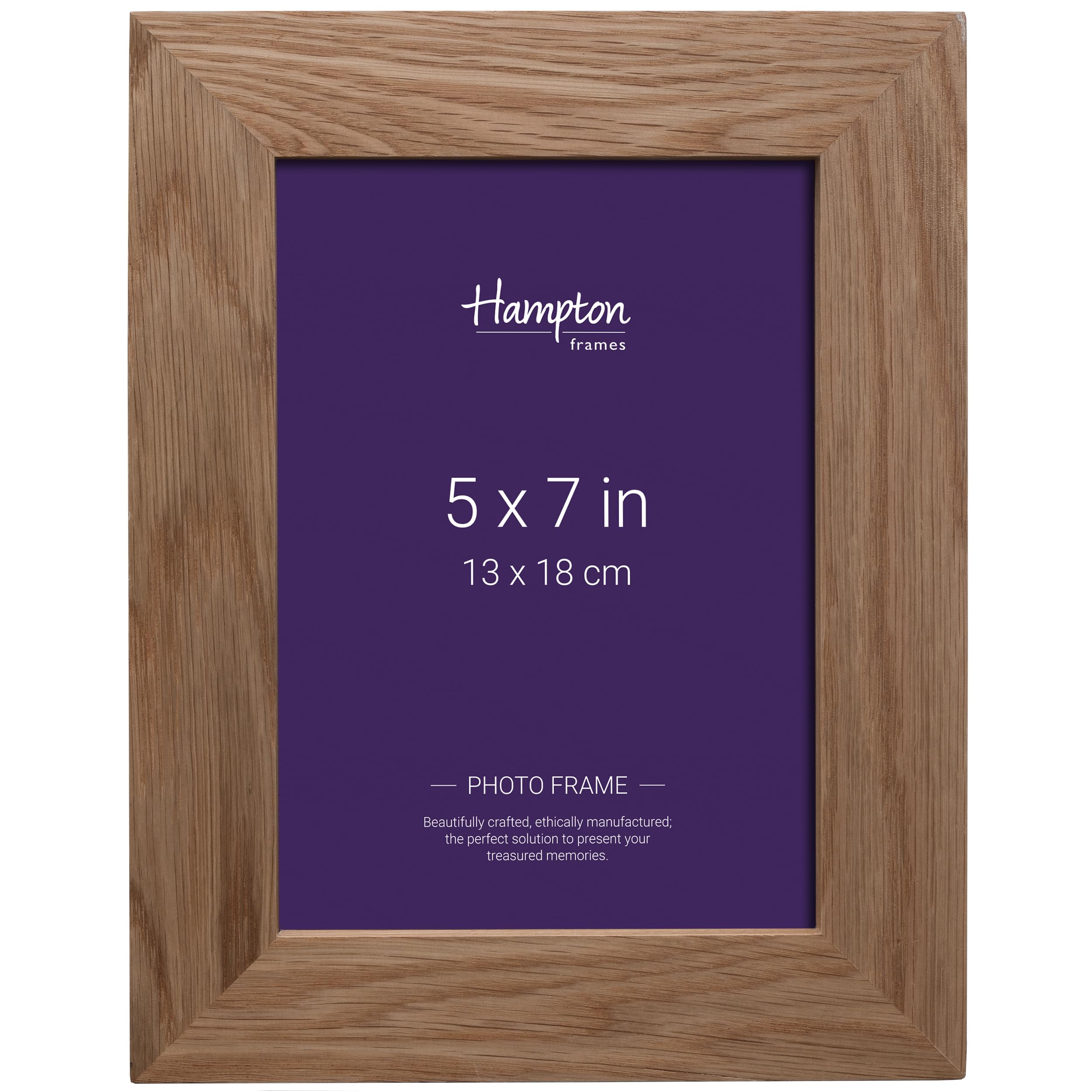 Hampton Frames | NEW ENGLAND Solid Oak Photo Frame, 5x7 Inch (13x18cm), Natural | Wall Mount or Freestanding | Seamless Corners, Glass Front | Classic Wooden Picture Display