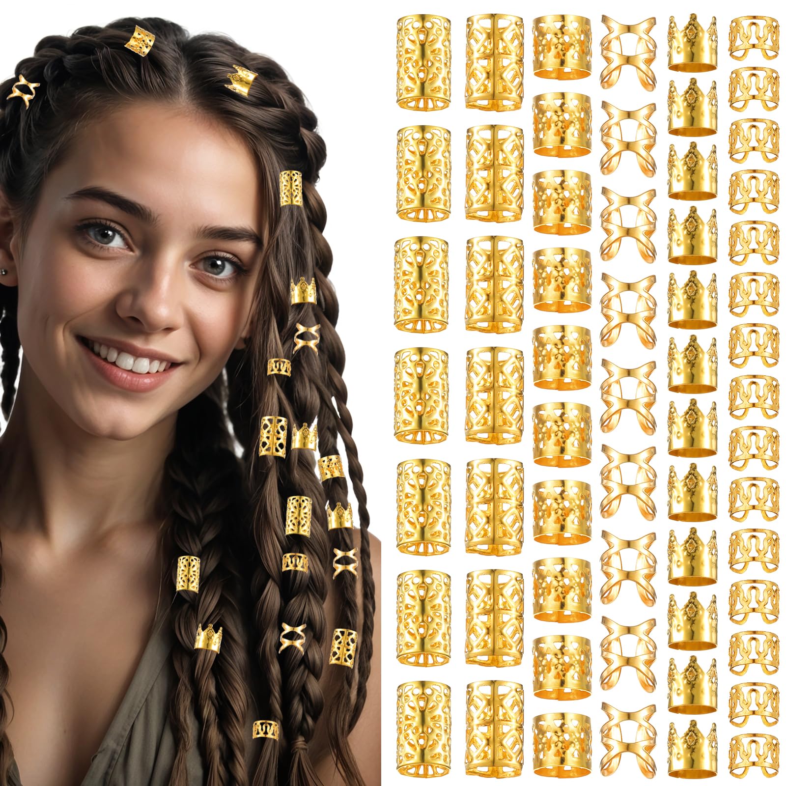 Tyqour 120Pcs Gold Cuffs Adjustable Charms Metal Jewelry Rings Dreadlock Braid Accessories for Women Men Hair Braids Decoration Party Music Festival