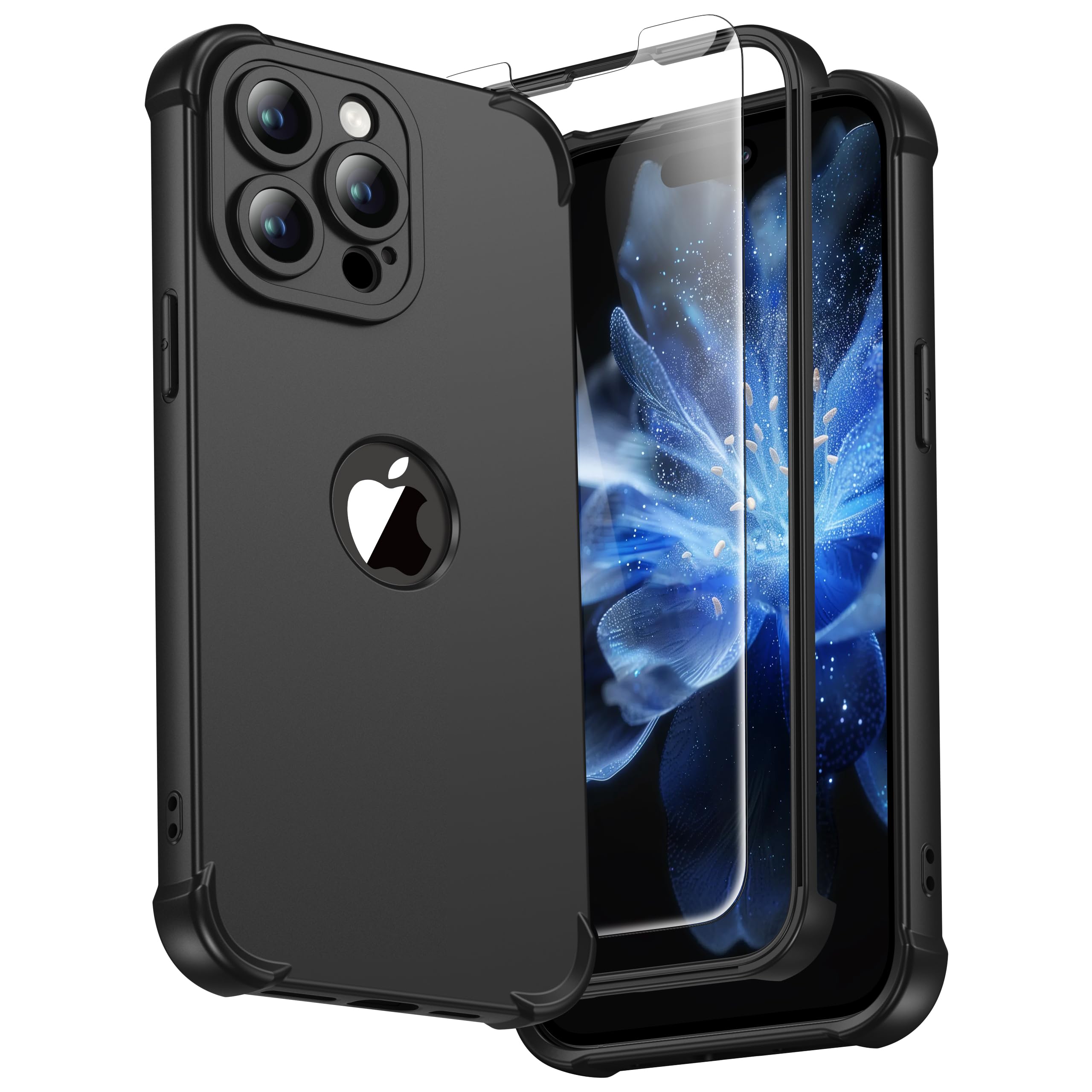 ORETECH for iPhone 14 Pro Case, with [2 x Tempered Glass Screen Protector] [Camera Protection] [Military Grade Shockproof ] Thin Slim Fit Rubber Bumper Phone Case Cover - Black — image 1