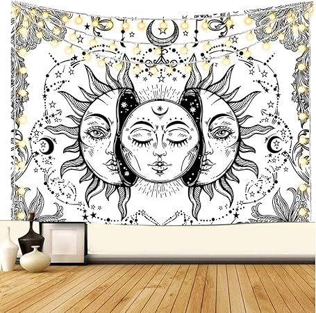 Amazon Com Sun And Moon Tapestry Black And White Art Tapestry Fractal Faces Hippie Bohemian Tapestry Wall Hanging For Dorm Living Room Bedroom White 91 L X 71 W Everything Else