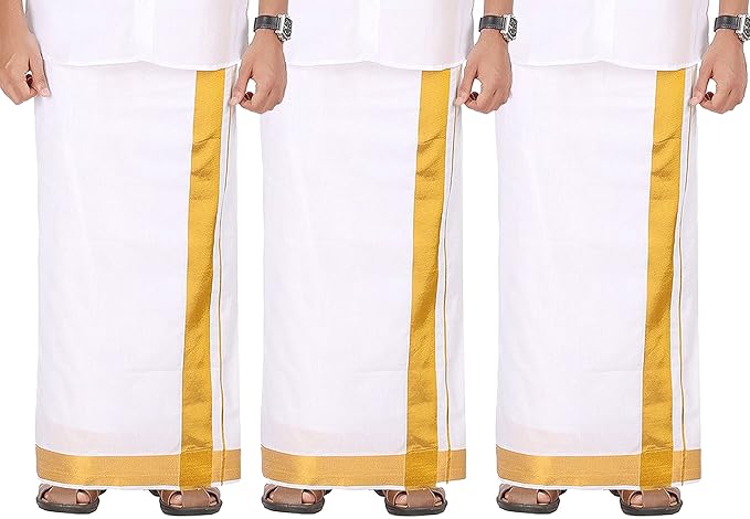 Mens Double (1.29 X 3.60 Meter) Jari Cotton (2 Inch Border) Dhoti With Pack of 3 Dhoties