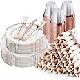 Bestluck 350PCS Rose Gold Plastic Plates for 50 Guests, Disposable Dinnerware Sets Include 100 Rose Gold Rim Plastic Plates, 50 Silverware, 50 Pre Rolled Napkins for Party, Wedding and New Years Eve