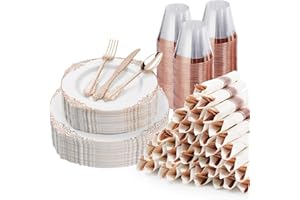 Bestluck 350PCS Rose Gold Plastic Plates for 50 Guests, Disposable Dinnerware Sets Include 100 Rose Gold Rim Plastic Plates, 50 Silverware and Cups, 50 Pre Rolled Napkins for Party, and Graduation