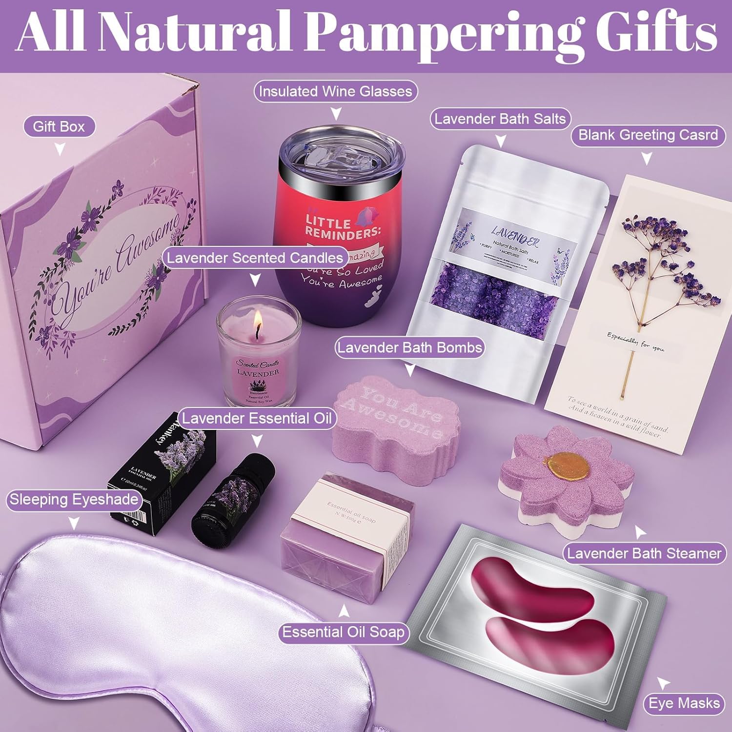 Happy Birthday Gifts for Women Friendship, Get Well Soon Gifts Baskets for Women, Self Care Package, Birthday Basket for Womens, Friends, Coworker Ideas (Lavender)