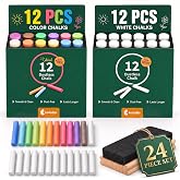 kedudes Dustless Chalk with Eraser, 24pk - 12 Colored Chalkboard Chalks and 12 White Chalk for Chalkboard and Board Erasers Set - Blackboard Chalks and Eraser with Wooden Handle