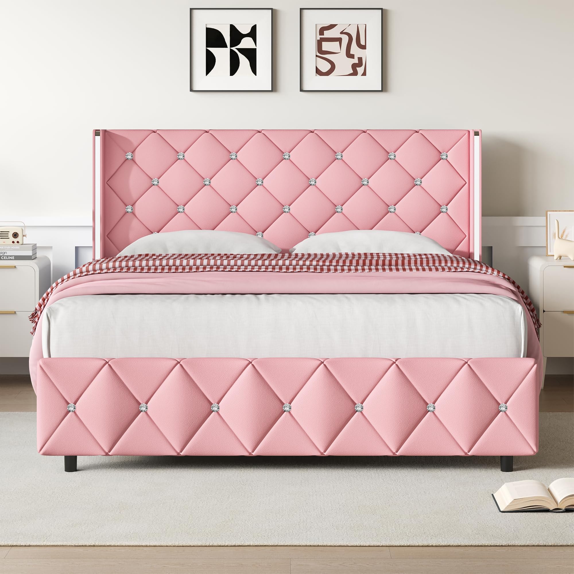 Photo 1 of ****FACTORY SEALED****
Lullabyre Queen Size Bed Frame, Upholstered Bed Frame with Diamond Tufted Headboard, Modern Silverside Wingback, No Box Spring Needed, Easy Assembly, Pink